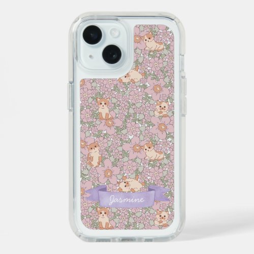 Cute Cat Kitten Purple Floral Pattern iPhone 15 Case