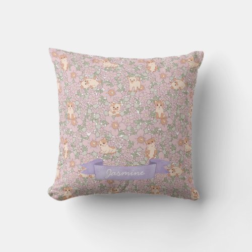 Cute Cat Kitten Purple Floral Pattern Throw Pillow