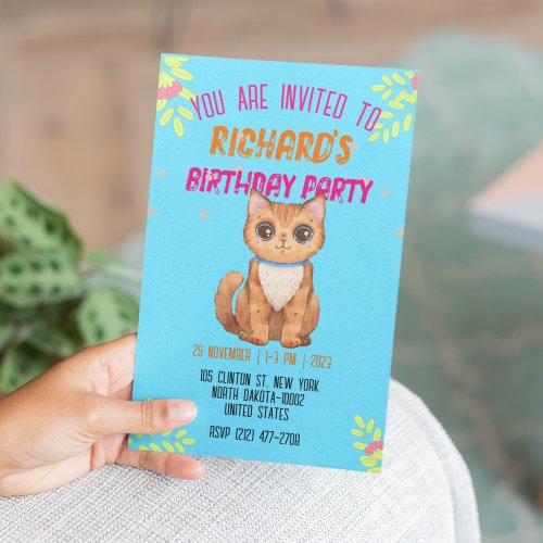 Cute Cat Kitten Themed Kids Birthday Party Invita Invitation