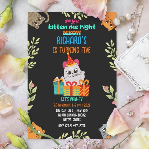 Cute Cat Kitten Themed Kids Birthday Party Invitation