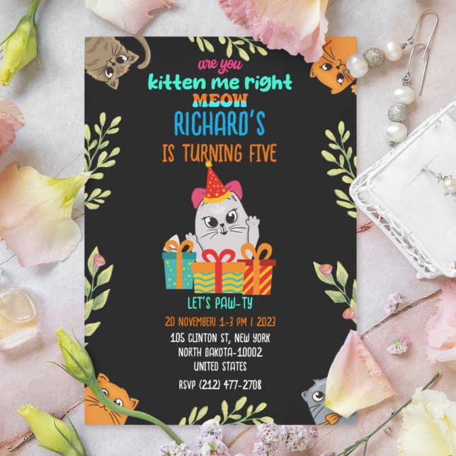 Cute Cat Kitten Themed Kid's Birthday Party Invitation (Creator Uploaded)