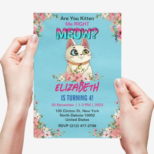 Cute Cat Kitten Themed Kids Birthday Party Invitation