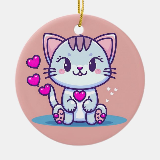 Cute Cat Kitten with Hearts Valentine Inspired | Ceramic Ornament (Front)