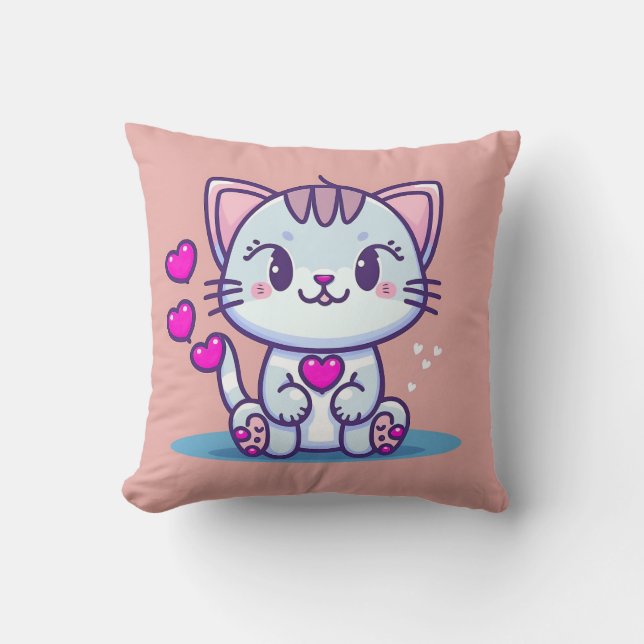 Cute Cat Kitten with Hearts Valentine Inspired | Throw Pillow (Front)