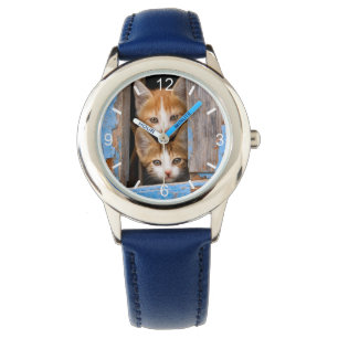 Cute Cat Kittens in Blue Vintage Window dial-plate Watch