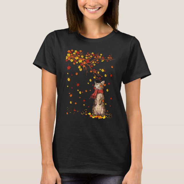 Cute Cat Kitty Autumn Fall Leaves Cat Men Women T-Shirt (Front)