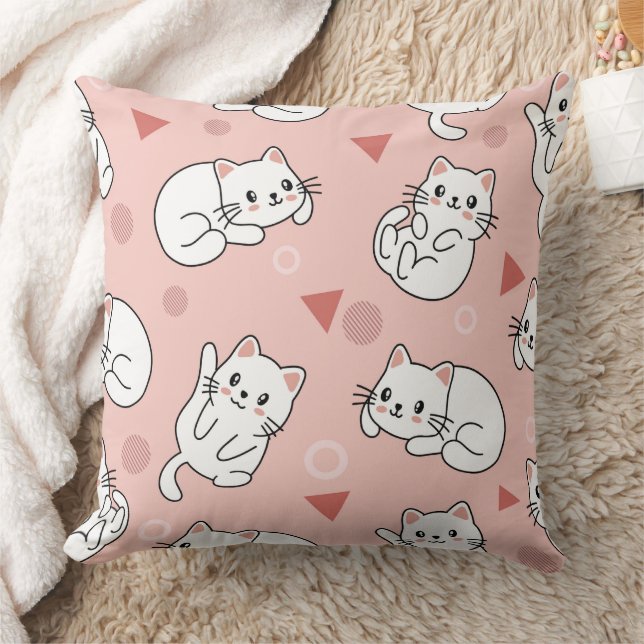 Cute cat kitty doodle seamless pattern throw pillow (Blanket)