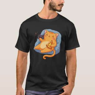 Cute Cat Kitty Gamer Pizza Joke Video Game Control T-Shirt