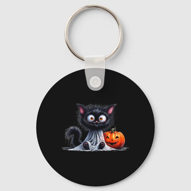 Cute Cat Kitty Ghost Halloween Black Pumpkin Keychain (Front)