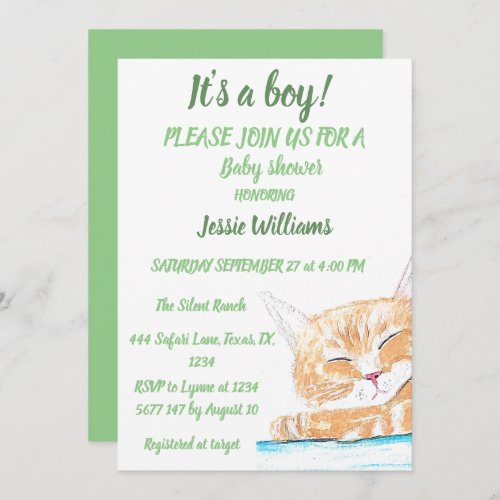 Cute Cat Kitty Kitten animal Baby Boy Green Invitation