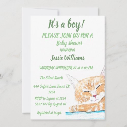 Cute Cat Kitty Kitten animal Baby Boy Green Invitation