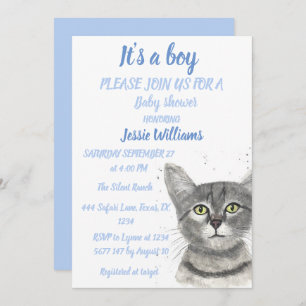 Cute Cat Kitty Kitten Blue Baby boy shower Invitat Invitation