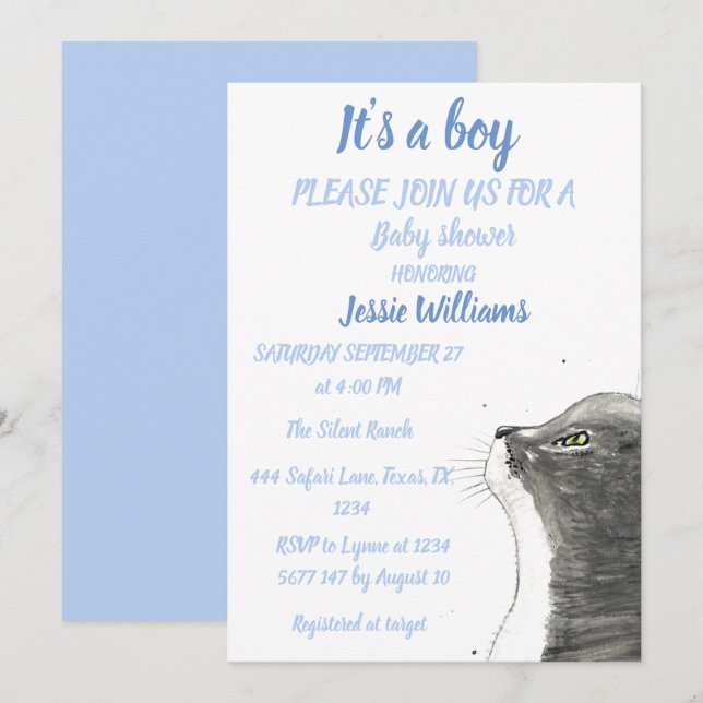 Cute Cat Kitty Kitten Blue Baby boy shower Invitation (Front/Back)
