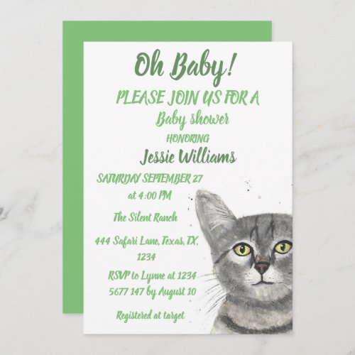 Cute Cat Kitty Kitten Green Baby boy Girl Invitati Invitation