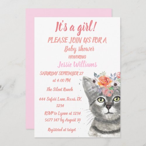 Cute Cat Kitty Kitten Pink Floral Baby Girl Boho I Invitation