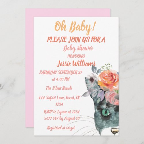 Cute Cat Kitty Kitten Pink Floral Baby Girl Boho  Invitation