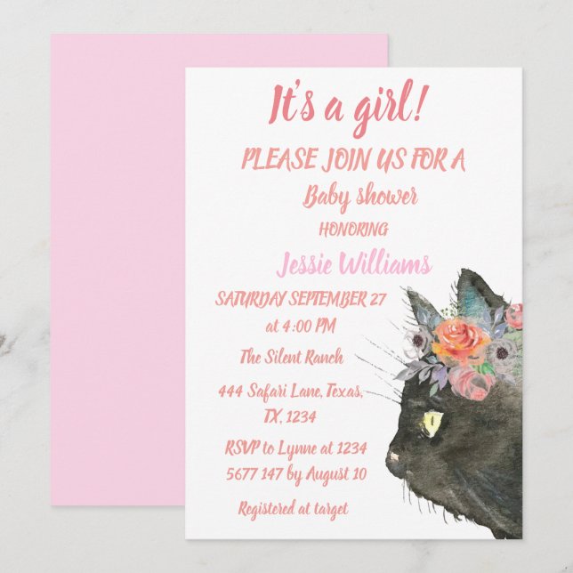 Cute Cat Kitty Kitten Pink Floral Baby Girl Boho Invitation (Front/Back)
