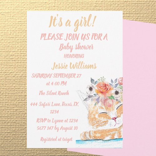 Cute Cat Kitty Kitten Pink Floral Baby Girl Boho Invitation