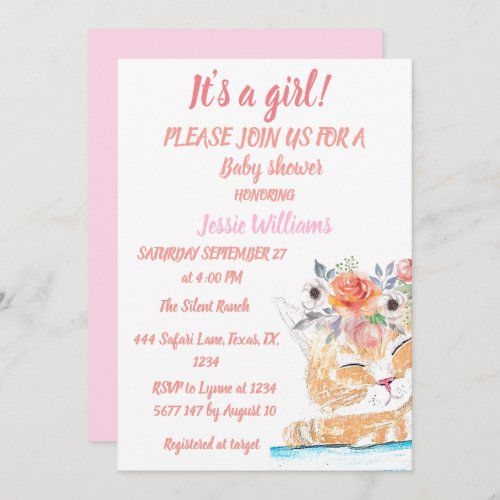 Cute Cat Kitty Kitten Pink Floral Baby Girl Boho  Invitation