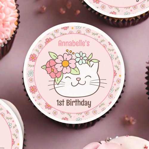 Cute Cat Kitty Pink Girl 1st Birthday Edible Frosting Rounds