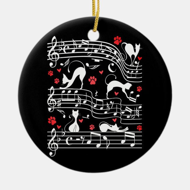 Cute Cat Kitty Playing Music Clef Piano Musician Ceramic Ornament (Front)