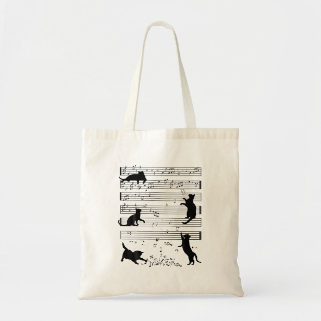 Cute Cat Kitty Playing Music Note Clef Musician Tote Bag (Front)