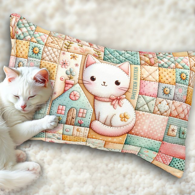 Cute Cat Kitty Quilt Patchwork Pastel Custom Name Pet Bed (Cute Cat Kitty Quilt Patchwork Pastel Custom Name Pet Bed)