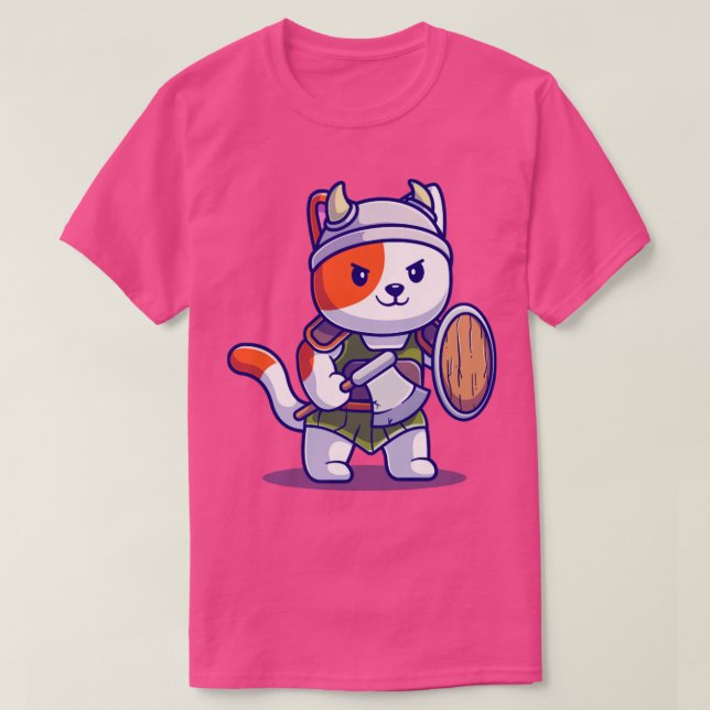 Cute Cat Knight Viking Cartoon T-Shirt (Design Front)