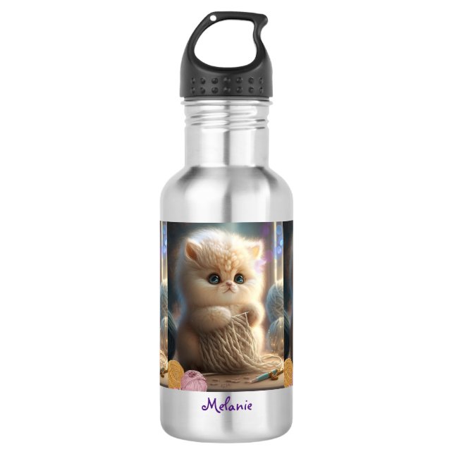 Cute Cat Knitting with Yarn Personalized Name Stainless Steel Water Bottle (Front)