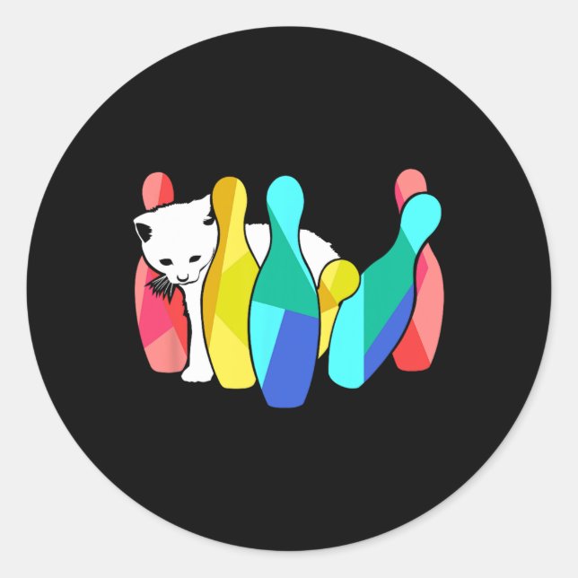 Cute Cat Knocking Over Bowling Pins Kitty  Classic Round Sticker (Front)