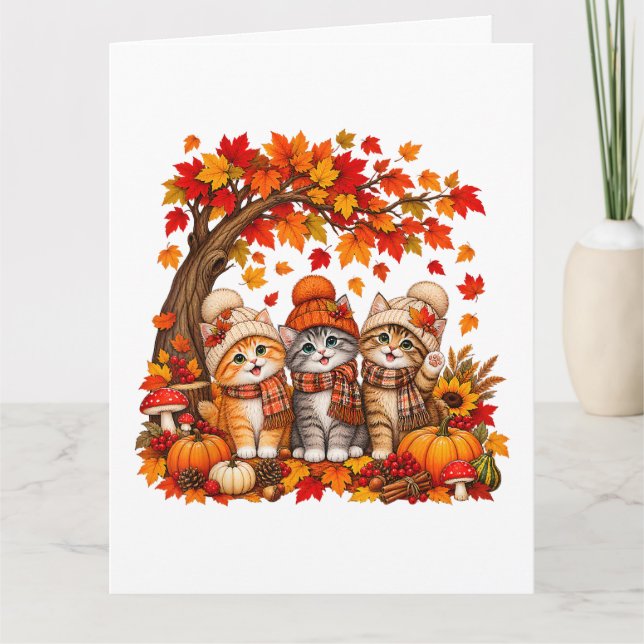Cute Cat Leaf Fall Tree Hello Autumn Card (Front)