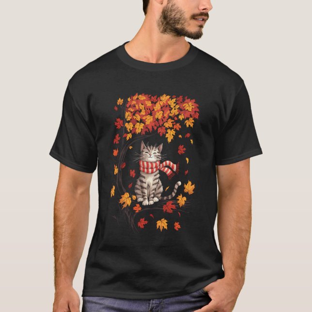 Cute Cat Leaf Fall Tree Hello Autumn Thanksgiving T-Shirt (Front)