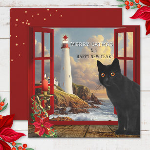 Cute Cat Lighthouse Christmas Card