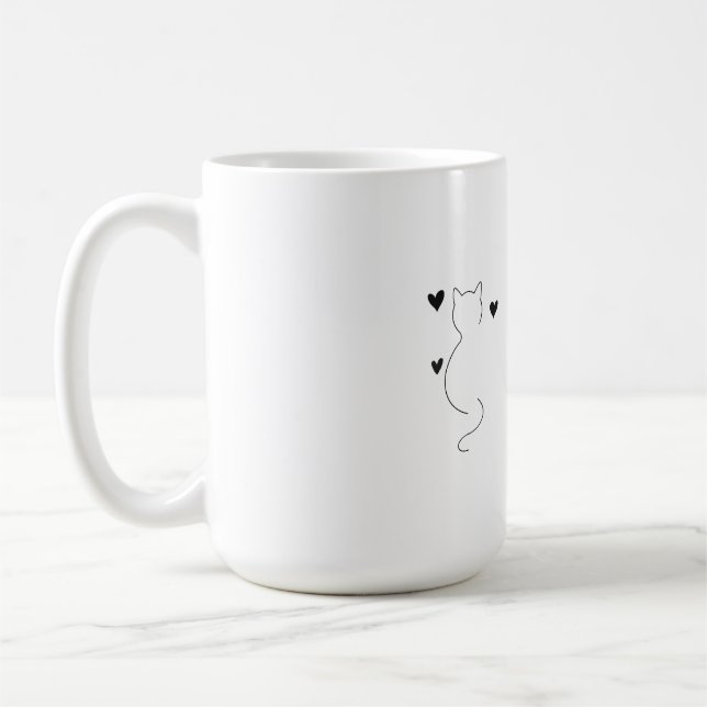 Cute cat line drawing, with three hearts coffee mug (Left)