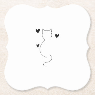 Cute cat line drawing, with three hearts paper coaster