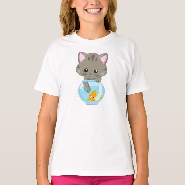 Cute Cat, Little Cat, Kitty, Kitten, Fish Bowl T-Shirt (Front)