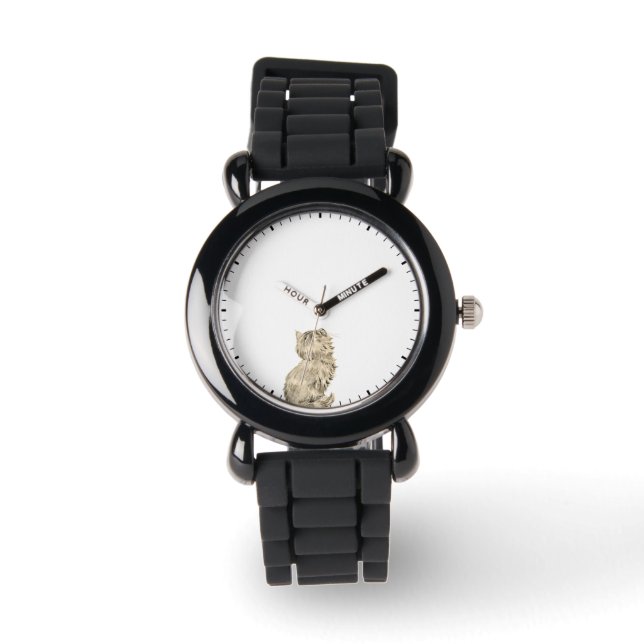 Cute Cat Looking at Clock Hands - Sweet Pet Humor Watch (Front)