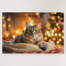Cute cat lounging on a cozy Christmas blanket