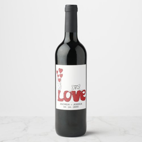 Cute Cat Love Typography Red Hearts Personalized Wine Label