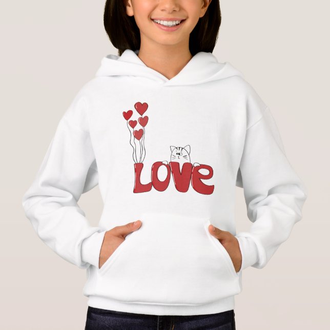 Cute Cat Love Typography Red Hearts | Valentine Hoodie (Front)