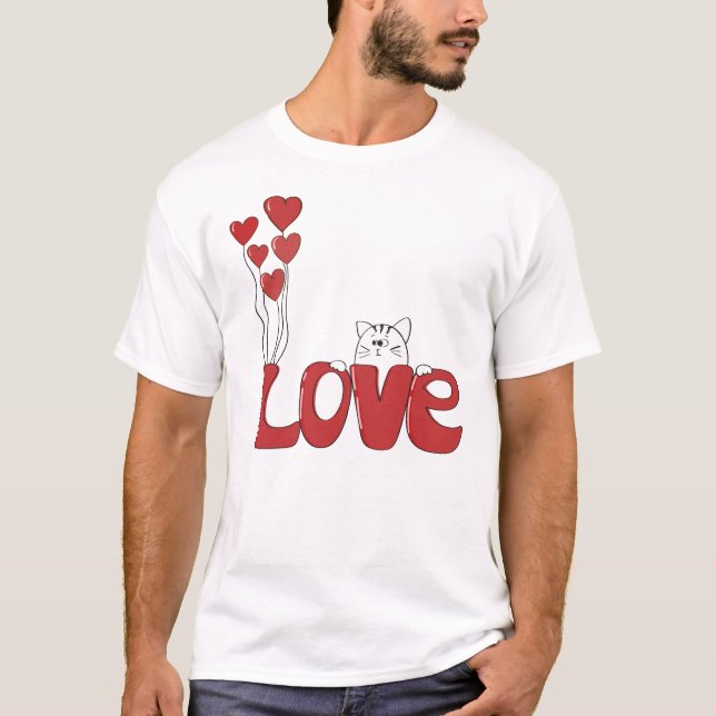 Cute Cat Love Typography Red Hearts | Valentine T-Shirt (Front)