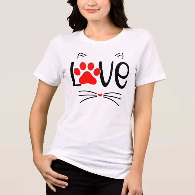Cute Cat LOVE Typography with Red Paw Tri-Blend Shirt (Front)