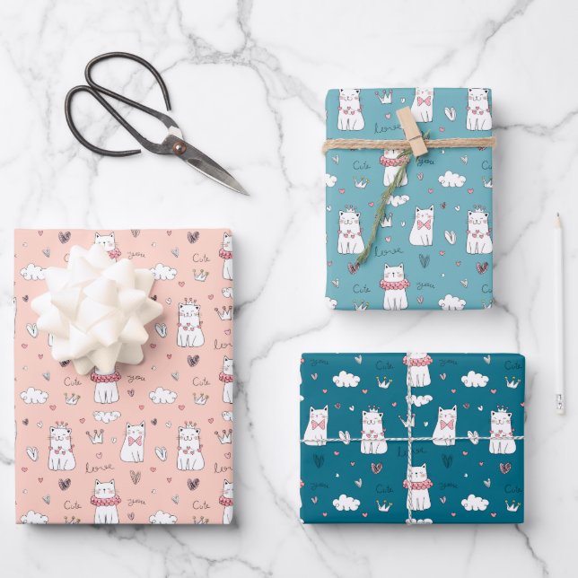 Cute Cat Love You Wrapping Paper Sheets (Front)
