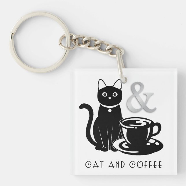 Cute Cat Lover Coffee Lover Black and White Keychain (Front)