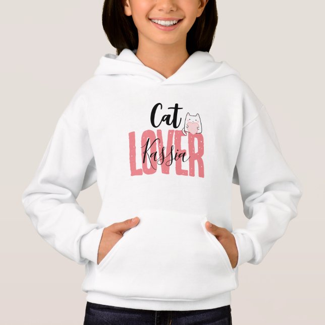 Cute Cat Lover Custom Name Girl's Pullover Hoodie (Front)