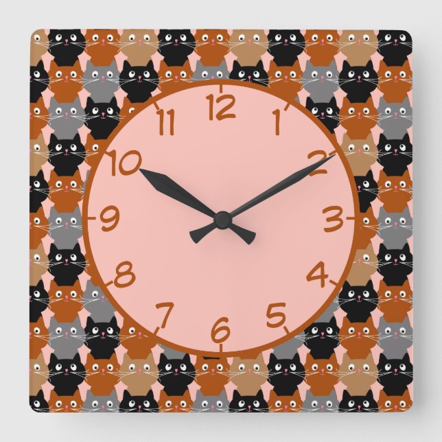 Cute Cat Lover Feline Kittens Pattern Square Wall Clock (Front)