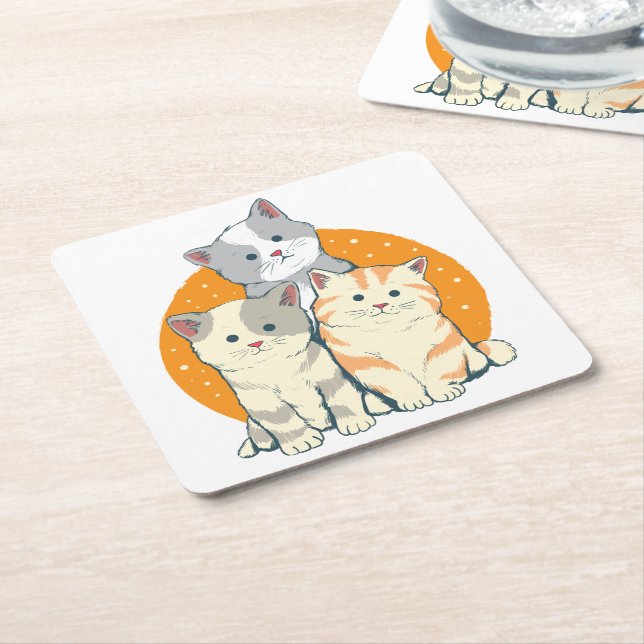 Cute Cat Lover Gift Kittens Kitty Gray Orange Cats Square Paper Coaster (Angled)