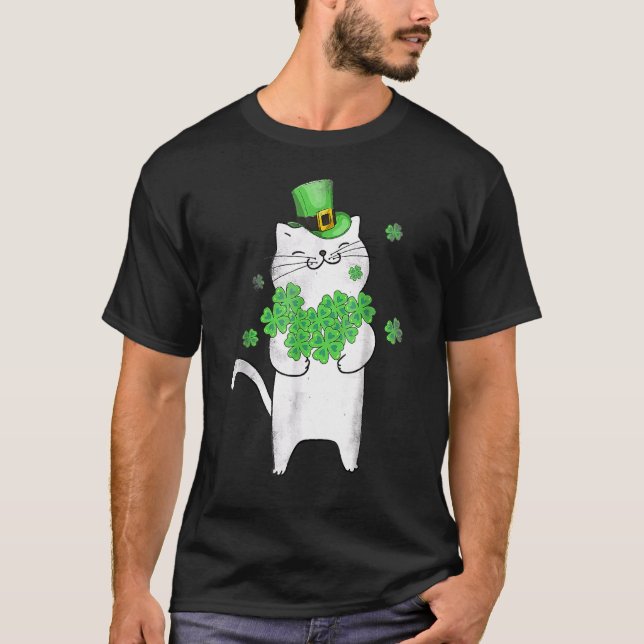 Cute Cat Lover Shamrock St Patricks Day Meowy Iris T-Shirt (Front)