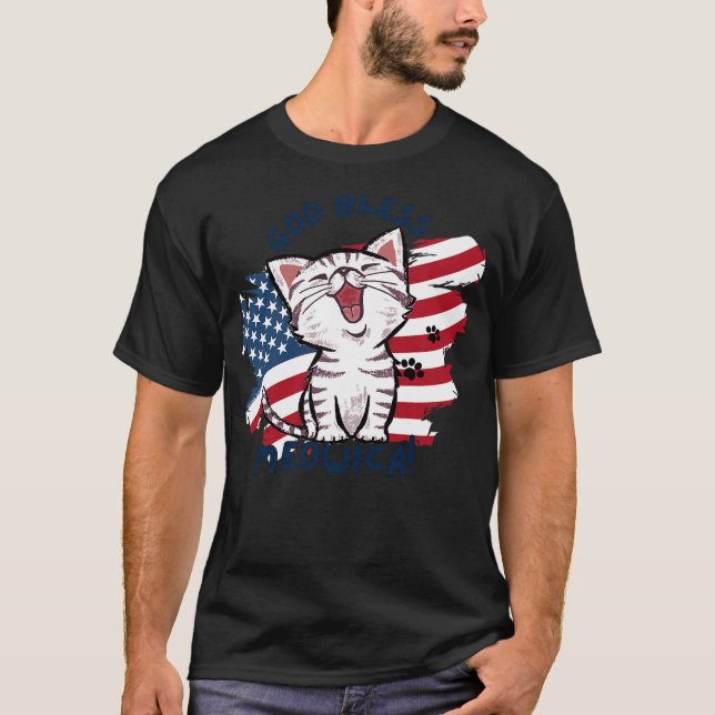 Cute Cat Lovers God Bless Meowica Patriotic 4th of T-Shirt (Front)