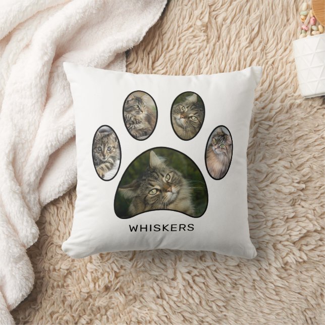 Cute Cat Lovers Paw Print Name Photo Collage Throw Pillow (Blanket)